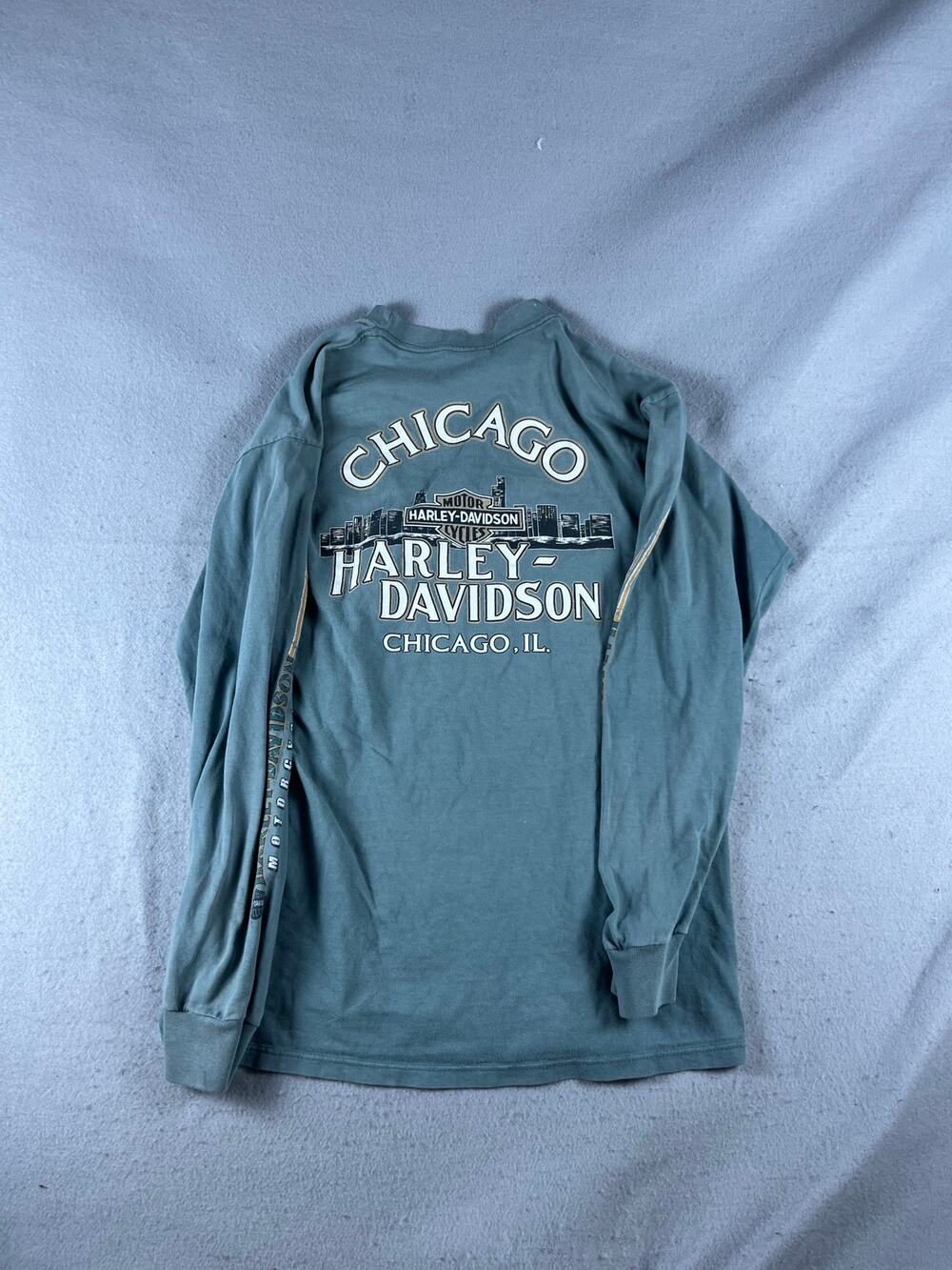 Harley Davidson T-Shirt Mens L Teal Blue Long Sleeve Chicago IL Graphics Print